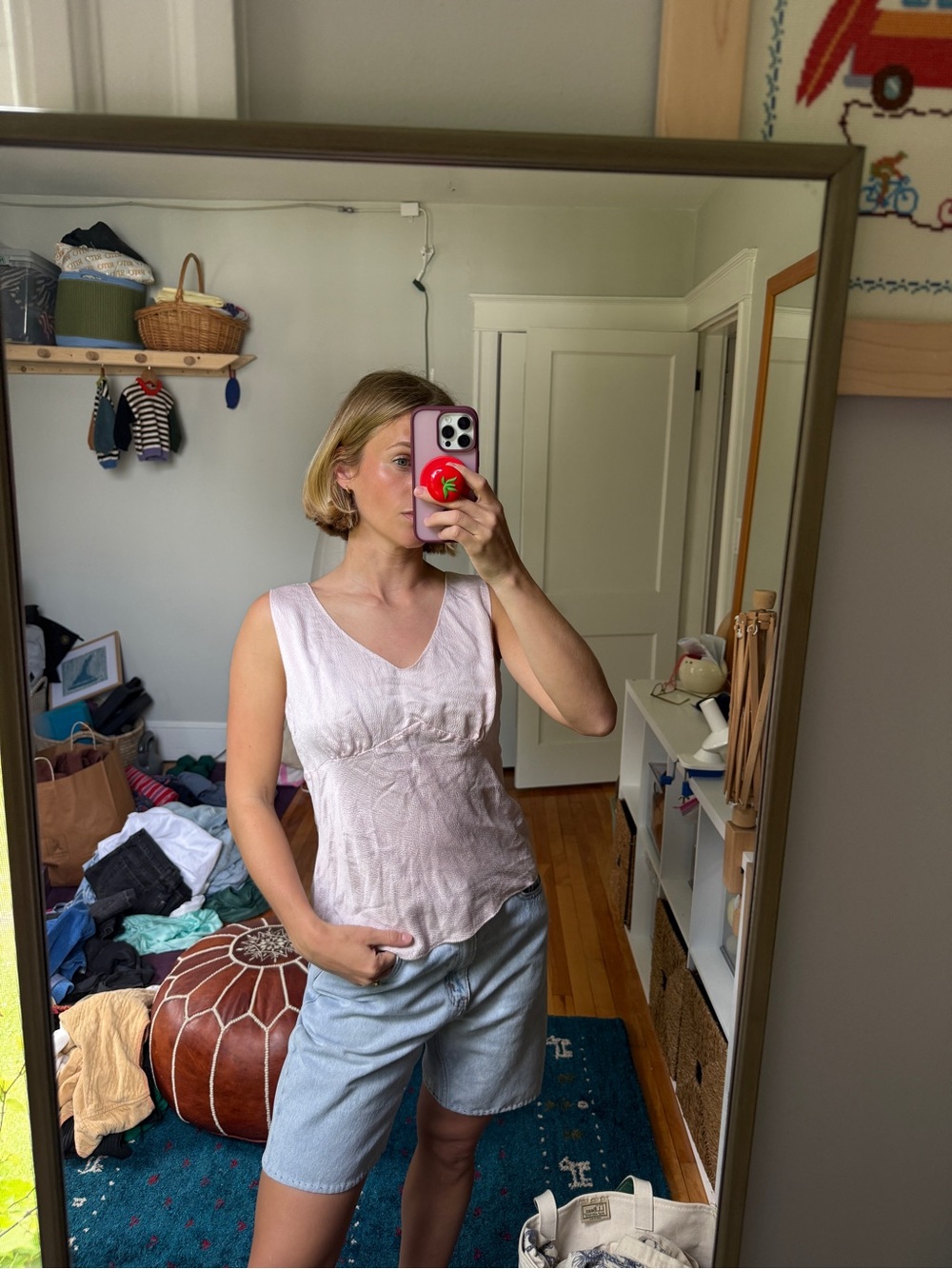 Vintage silk Light Pink Linen V-Neck Sleeveless Top